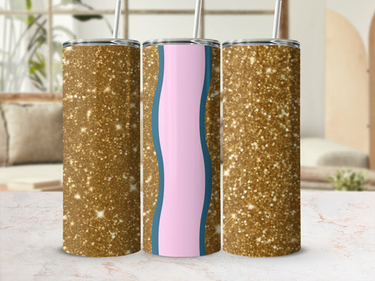 Three glittery tumblers with a pink and blue wavy design in the center.