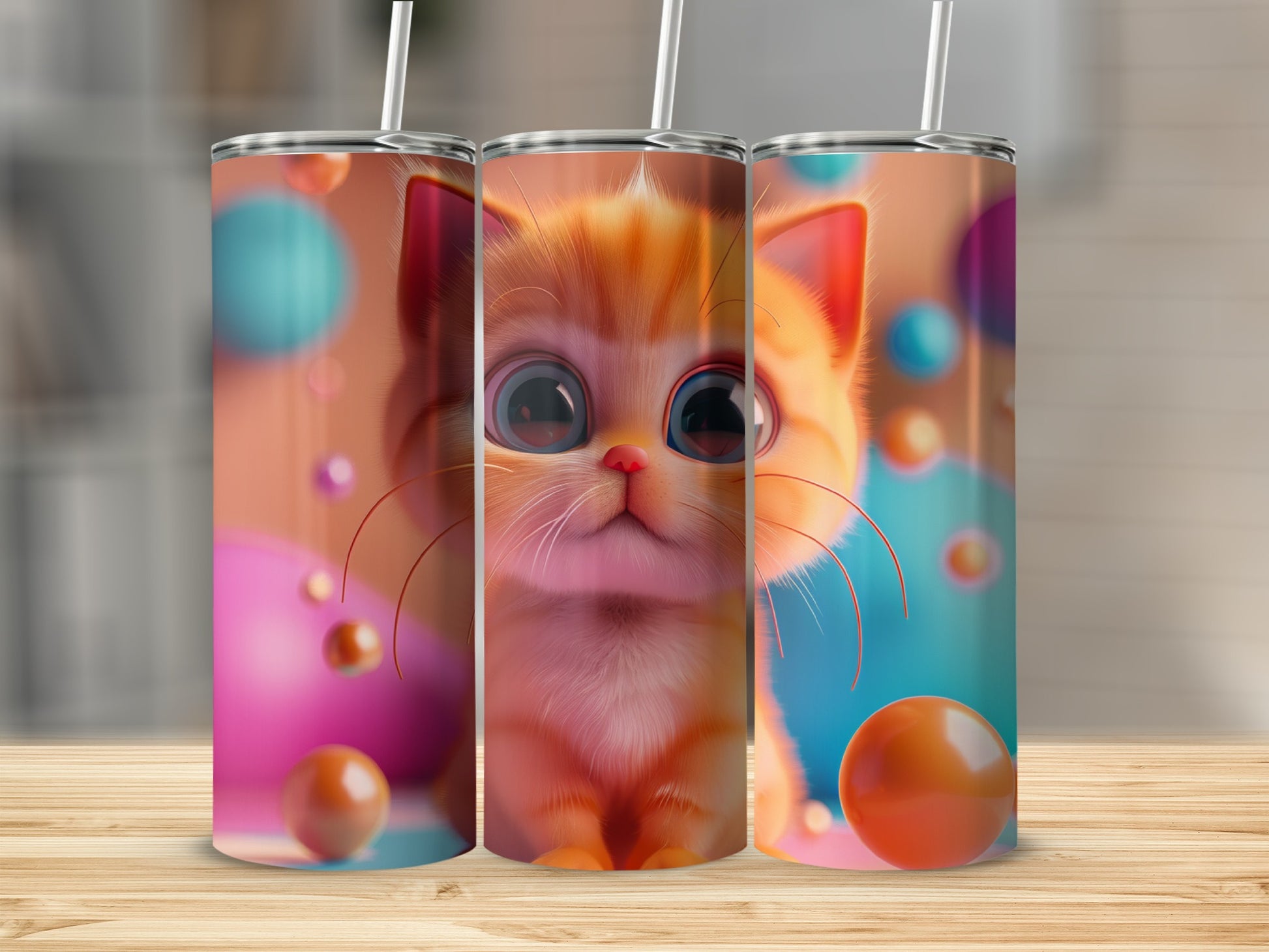 Orange tabby kitten with large eyes on a colorful background.