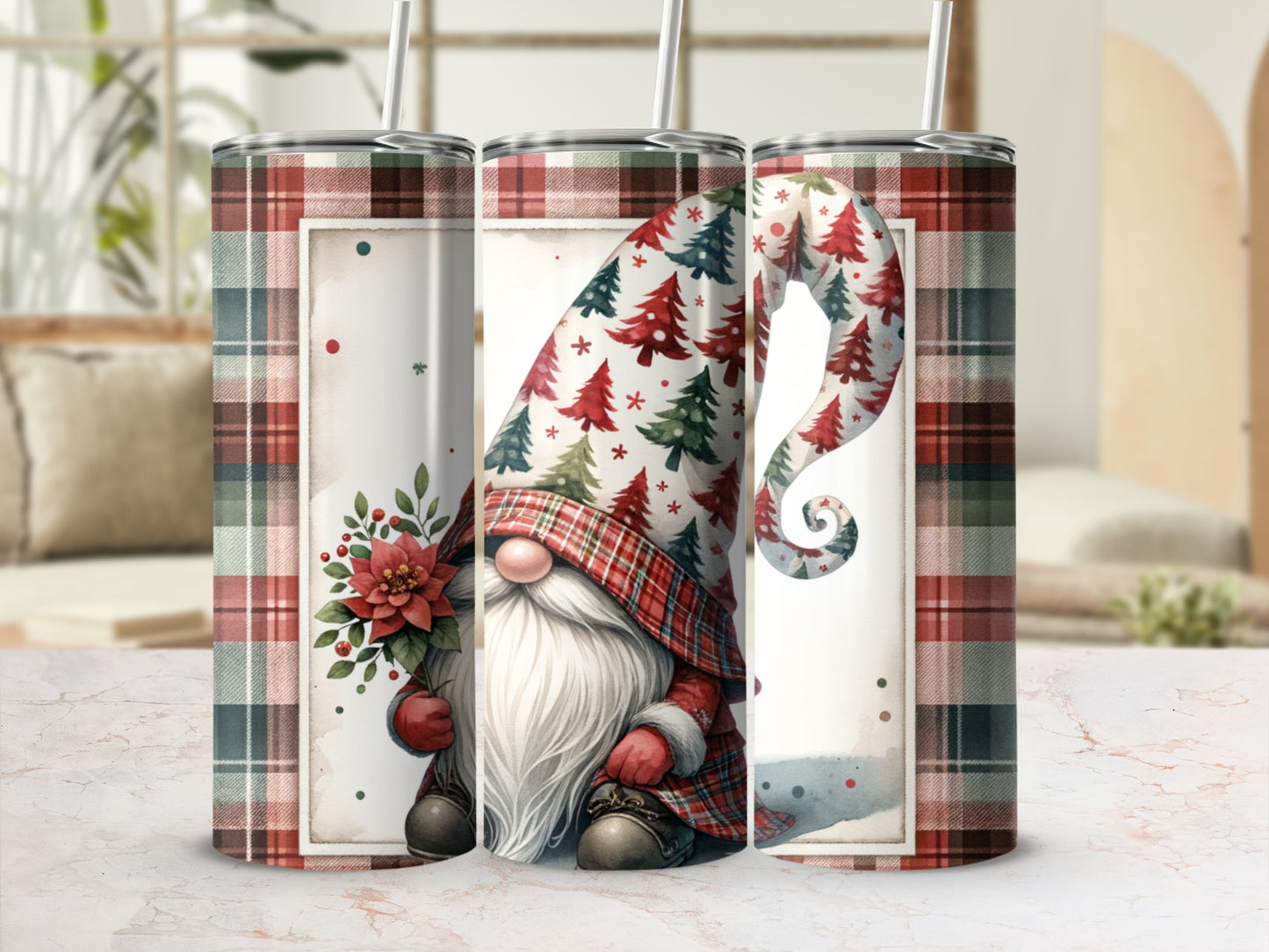 Tartan gnome with Christmas trees, poinsettias, and plaid accents.