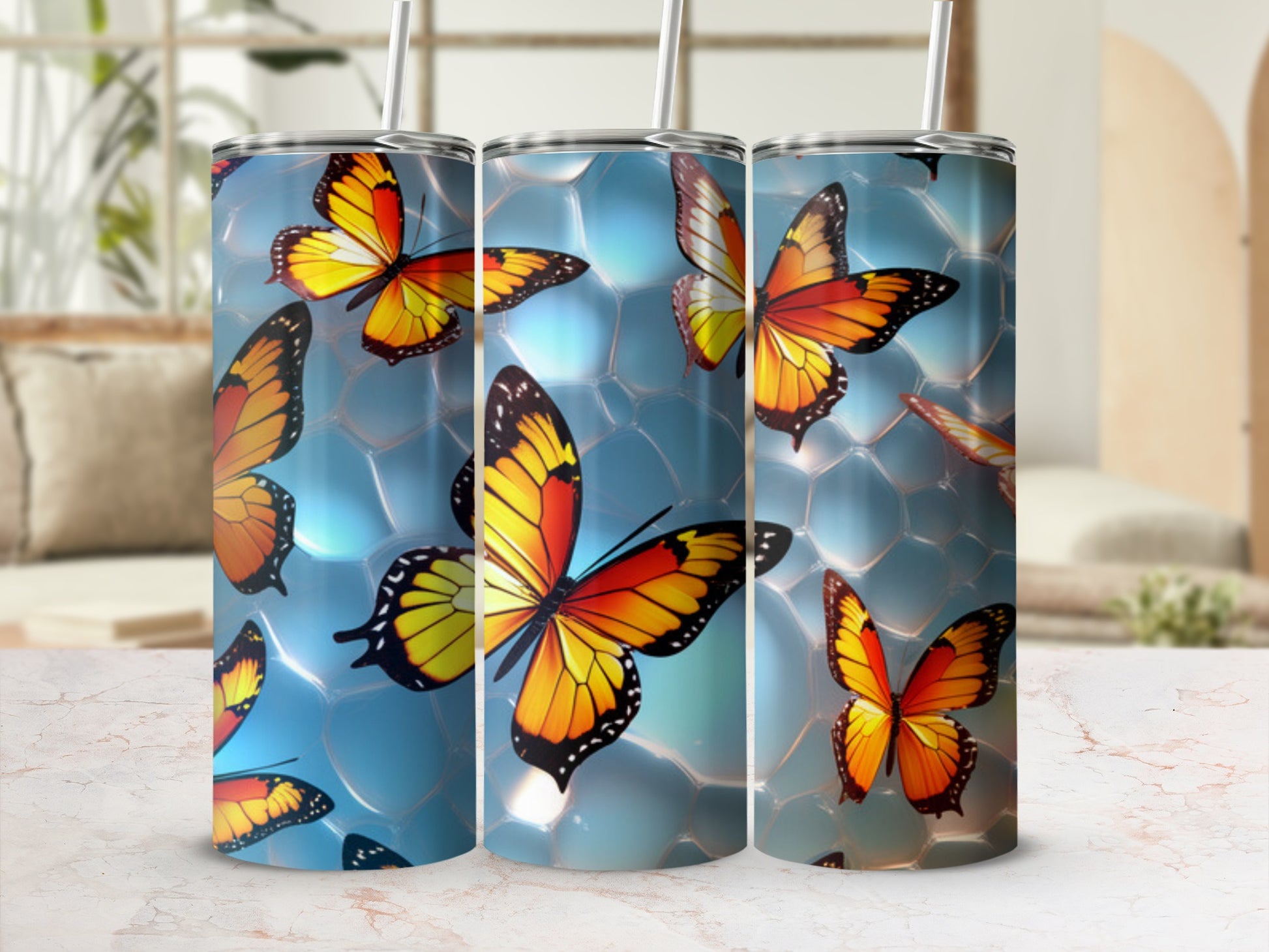 Tumbler with butterflies on blue bubbly background.