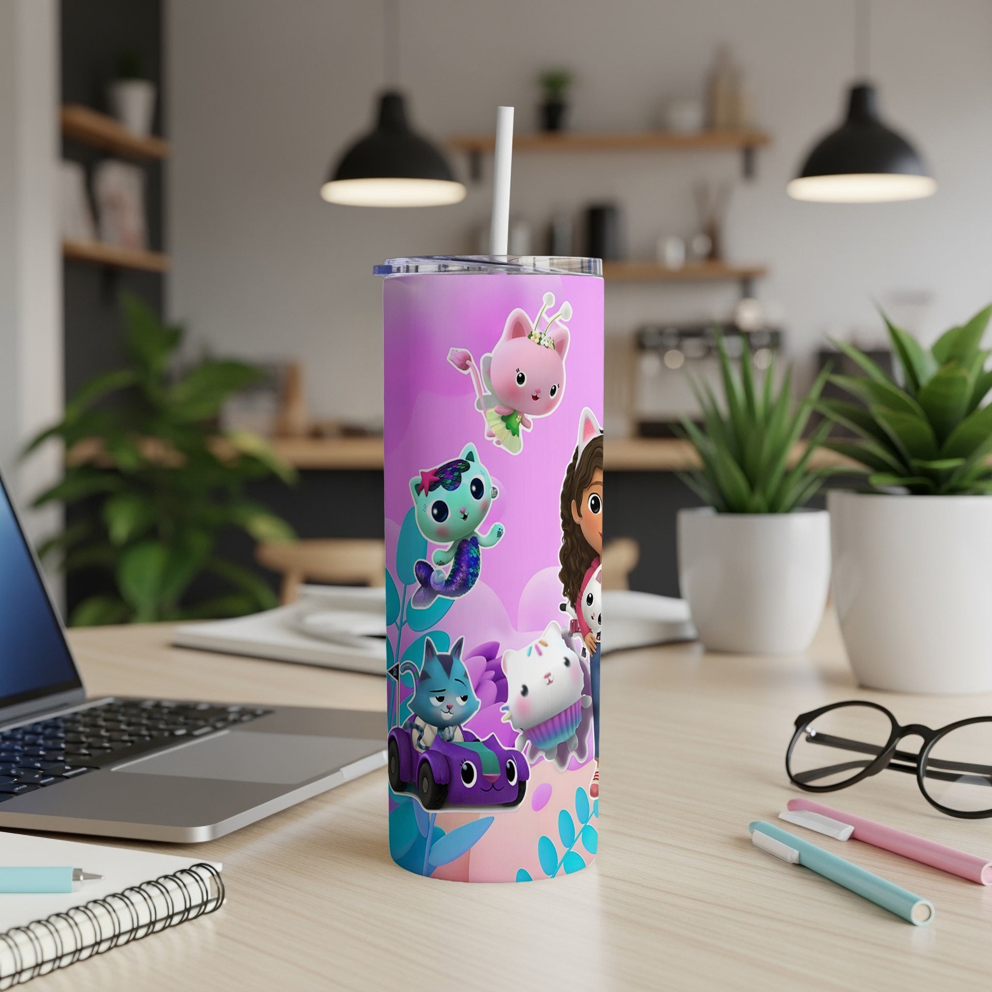 Purple tumbler with Gabby's Dollhouse characters and a car.