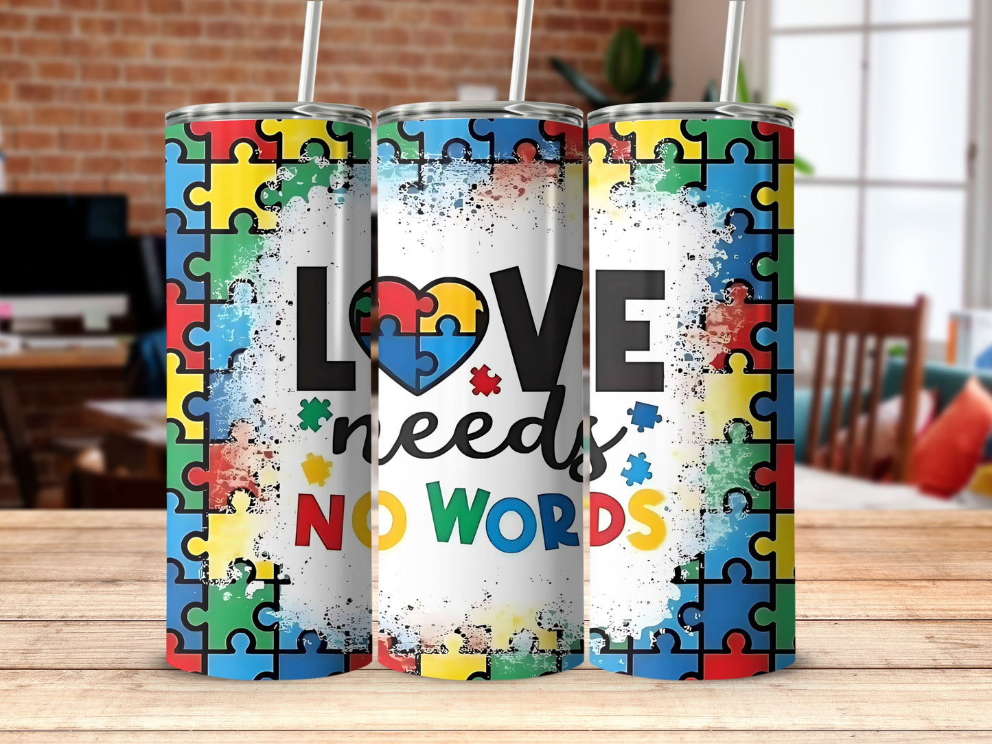 Love Needs No Words Puzzle Piece Design Tumbler
