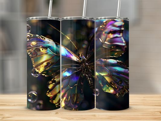 Iridescent butterfly design on three stainless steel tumblers with straws.