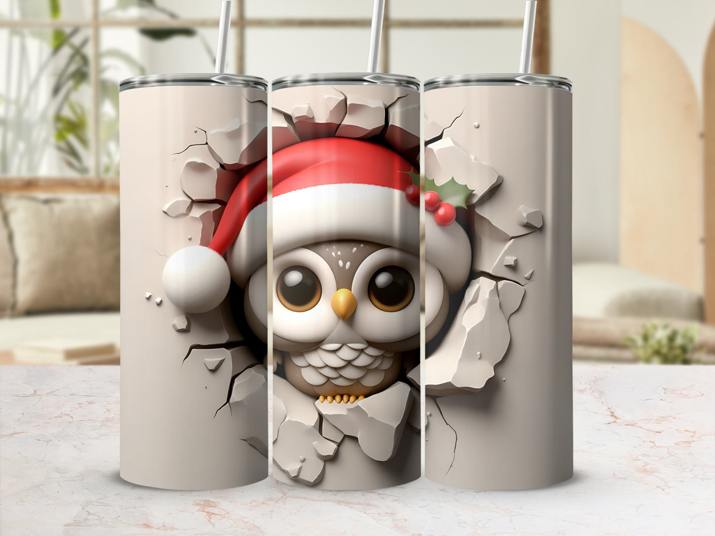 Cute owl wearing a Santa hat breaking through a cracked surface.