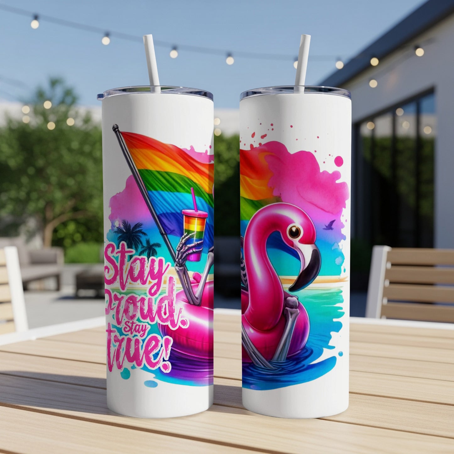 Two tumblers featuring a skeleton flamingo on a rainbow flag float.
