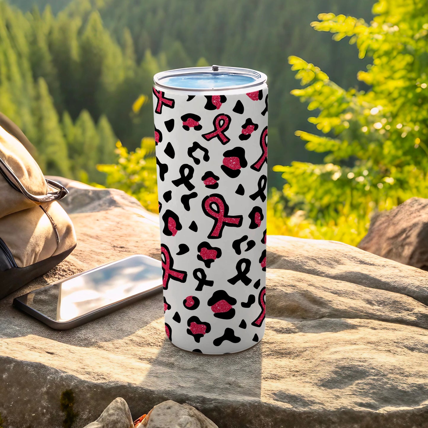 White tumbler with pink ribbon and leopard print.