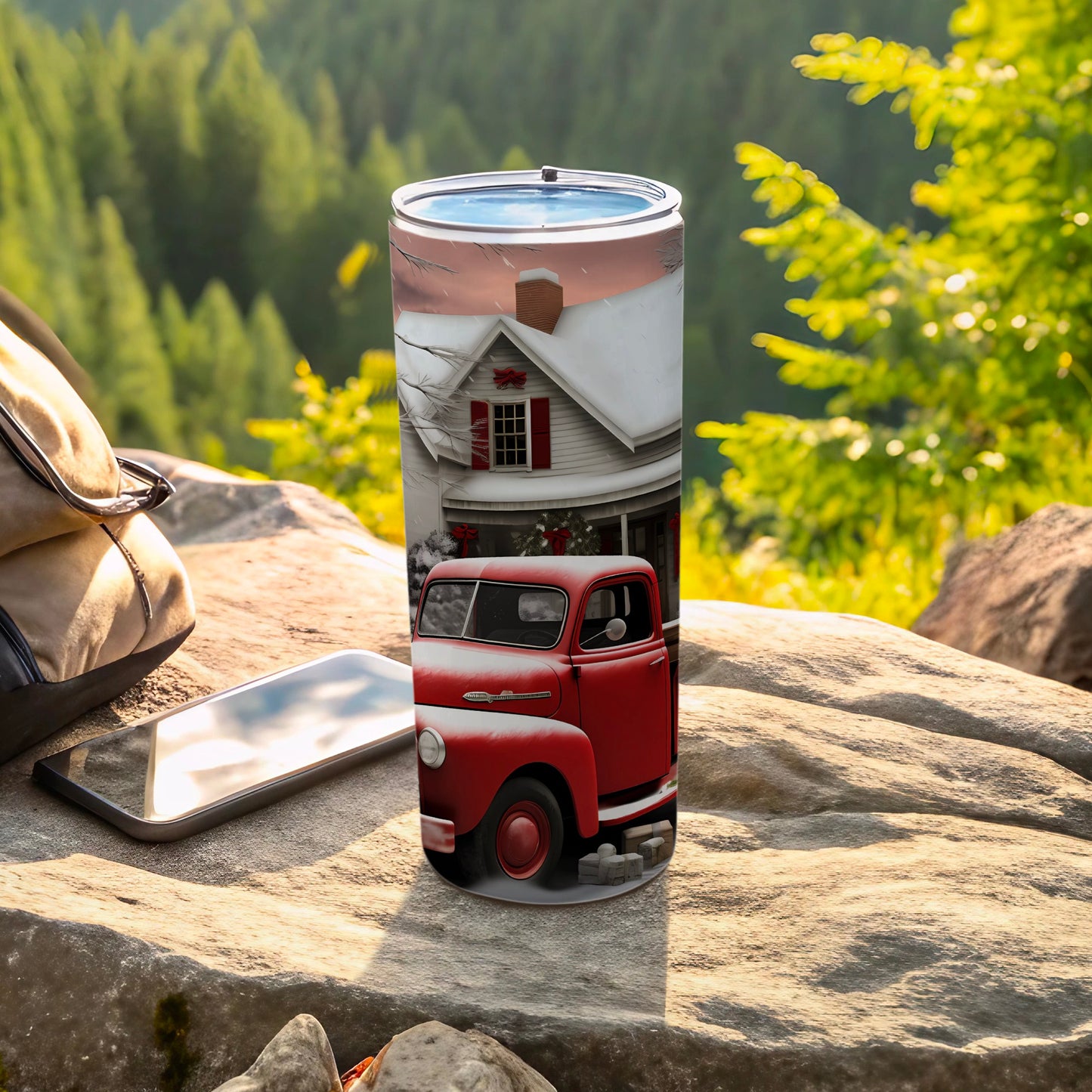 Vintage Red Truck and Snowed House Travel Tumbler