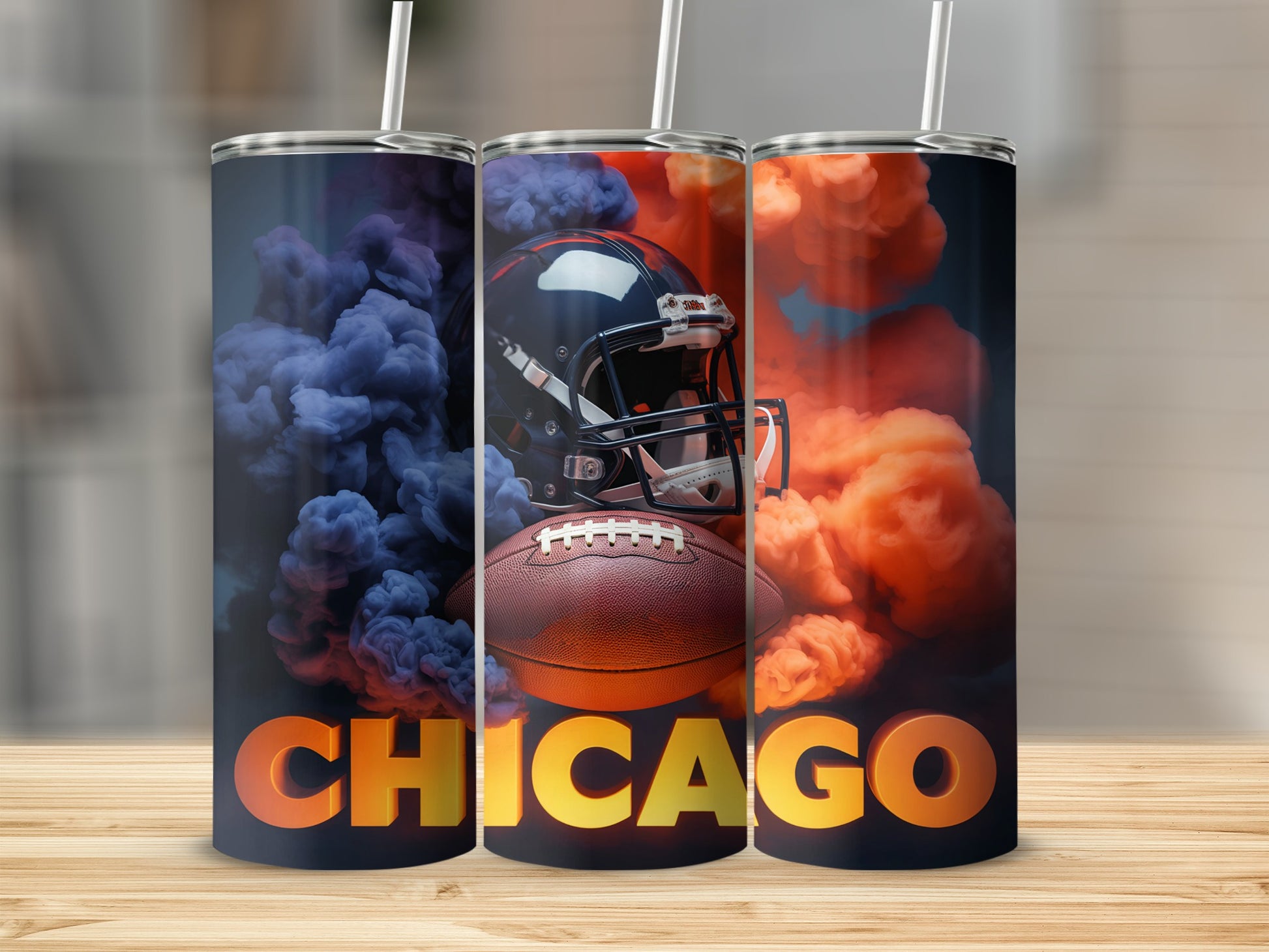 Chicago Bears football helmet and ball surrounded by orange and blue smoke.