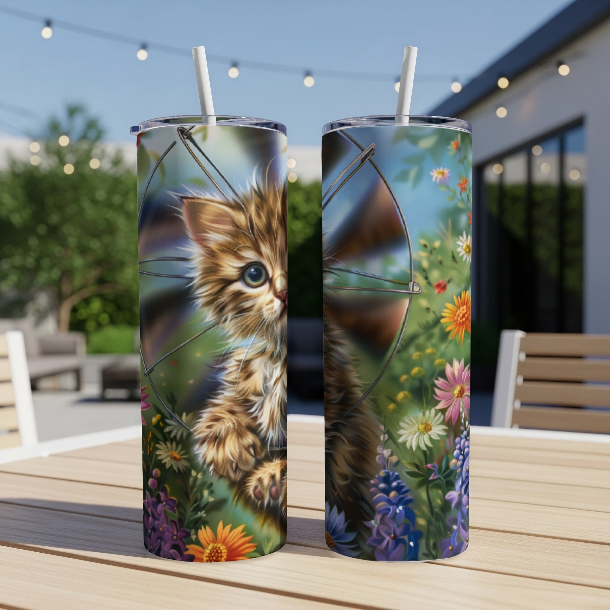Brown tabby kitten peeking through a floral windmill design on two tumblers.