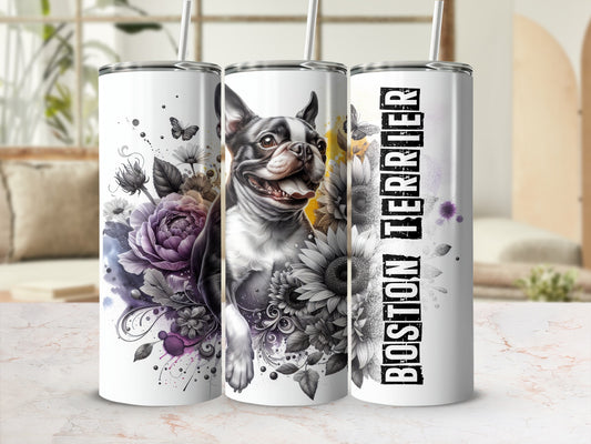 Boston Terrier with flowers on a white tumbler.
