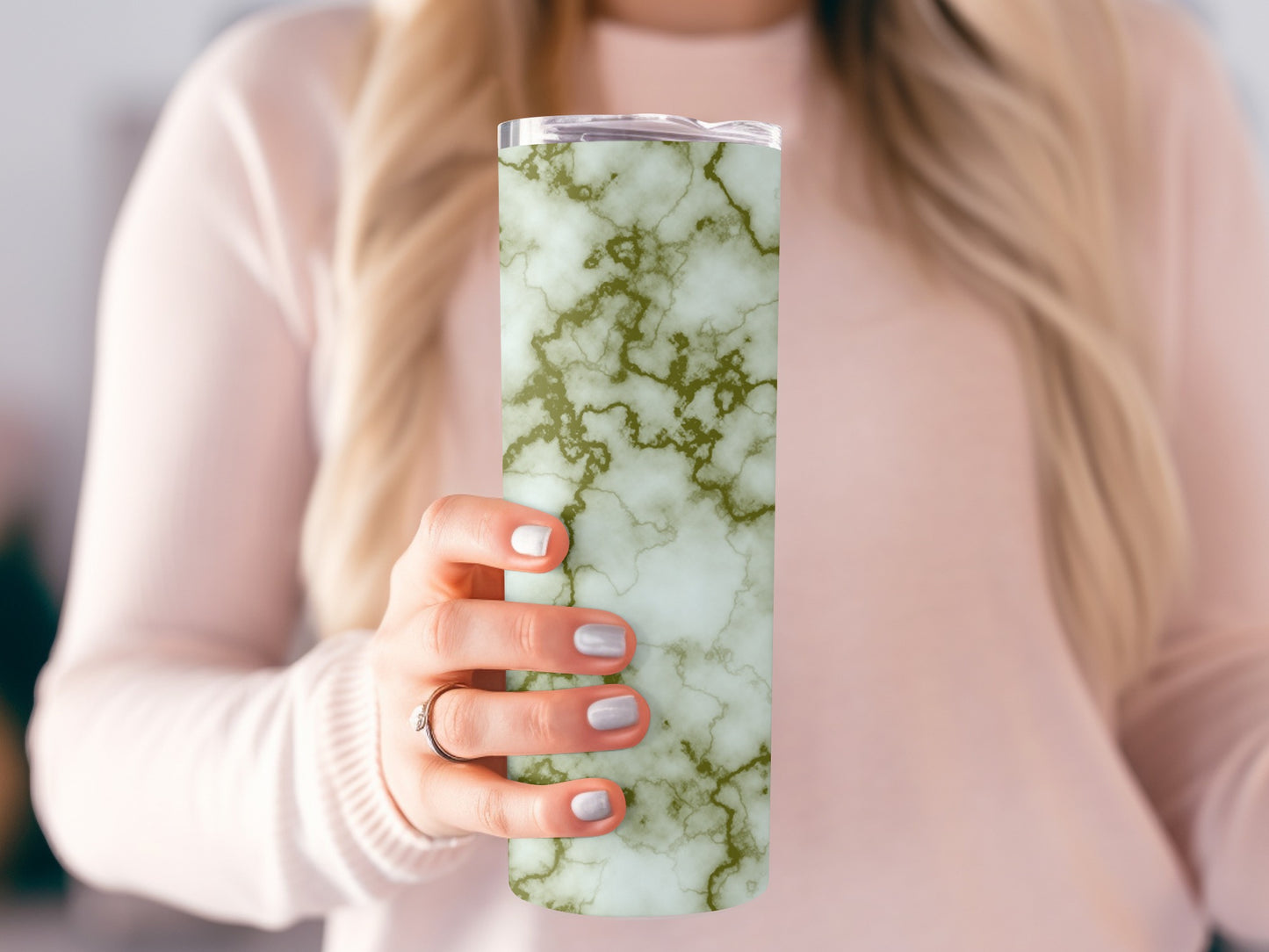 Olive Green and White River Marble Design Tumblers