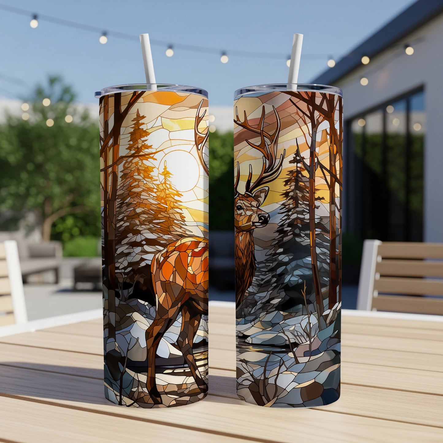 Two tumblers with stained glass deer and winter forest design.