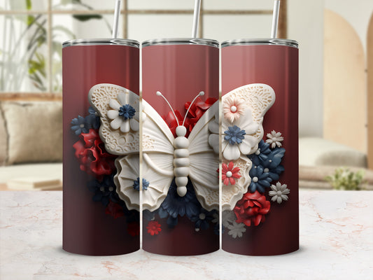 Three tumblers with a white butterfly and floral design.