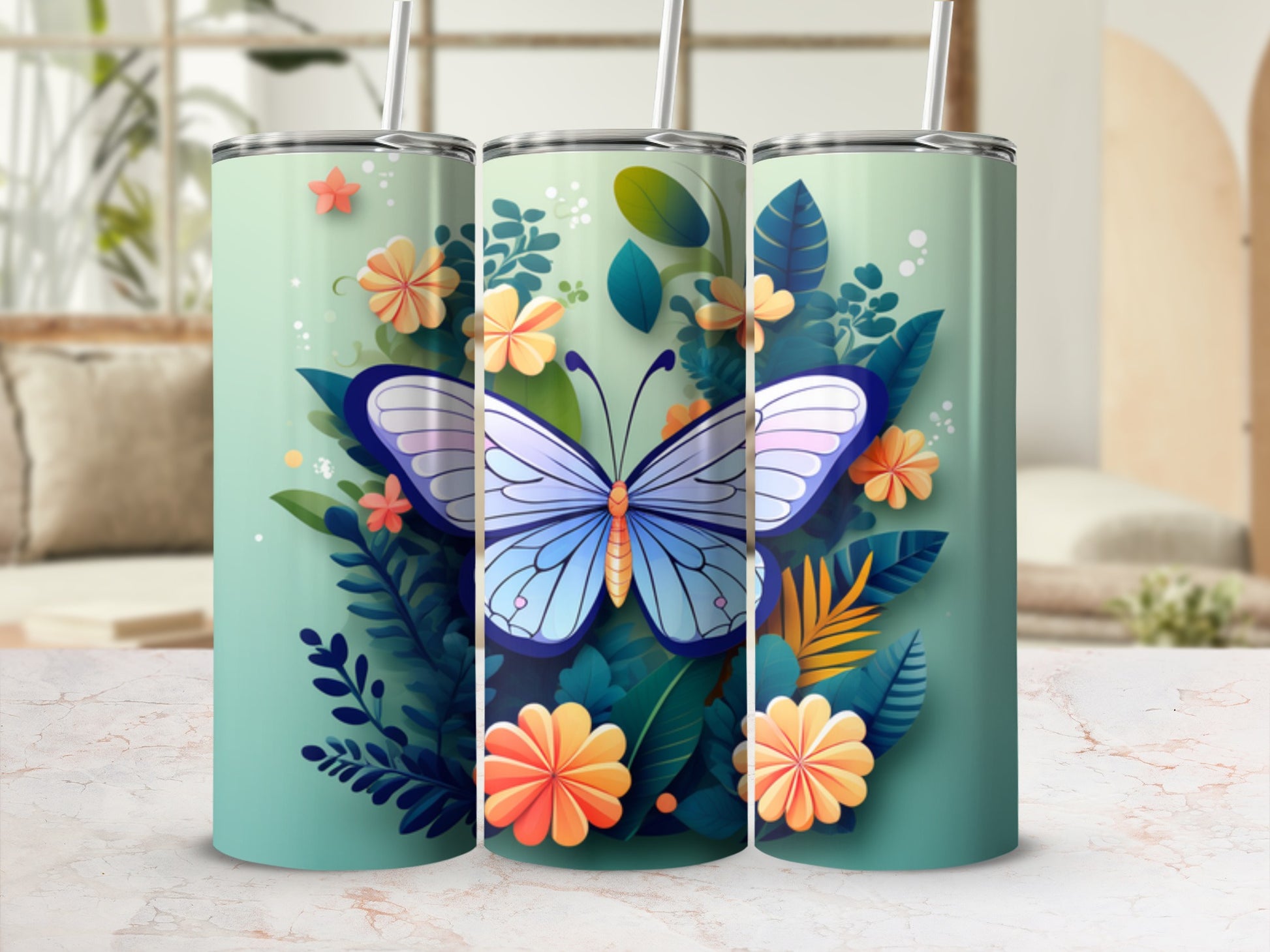 Blue butterfly on a teal background with floral and leaf motifs.