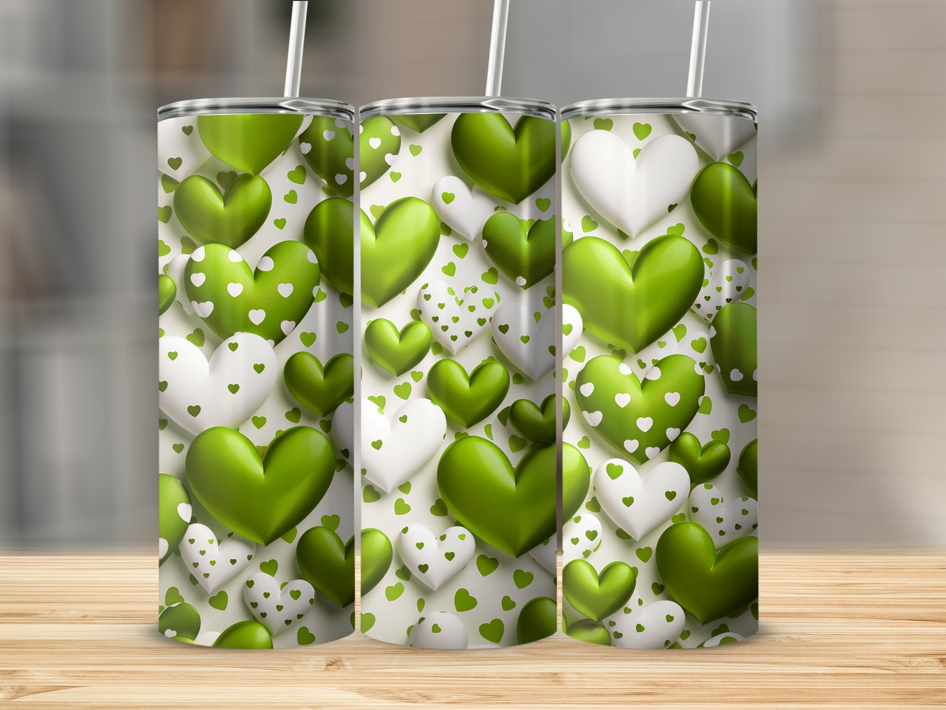 Green and White Heart Patterned Drink Tumbler