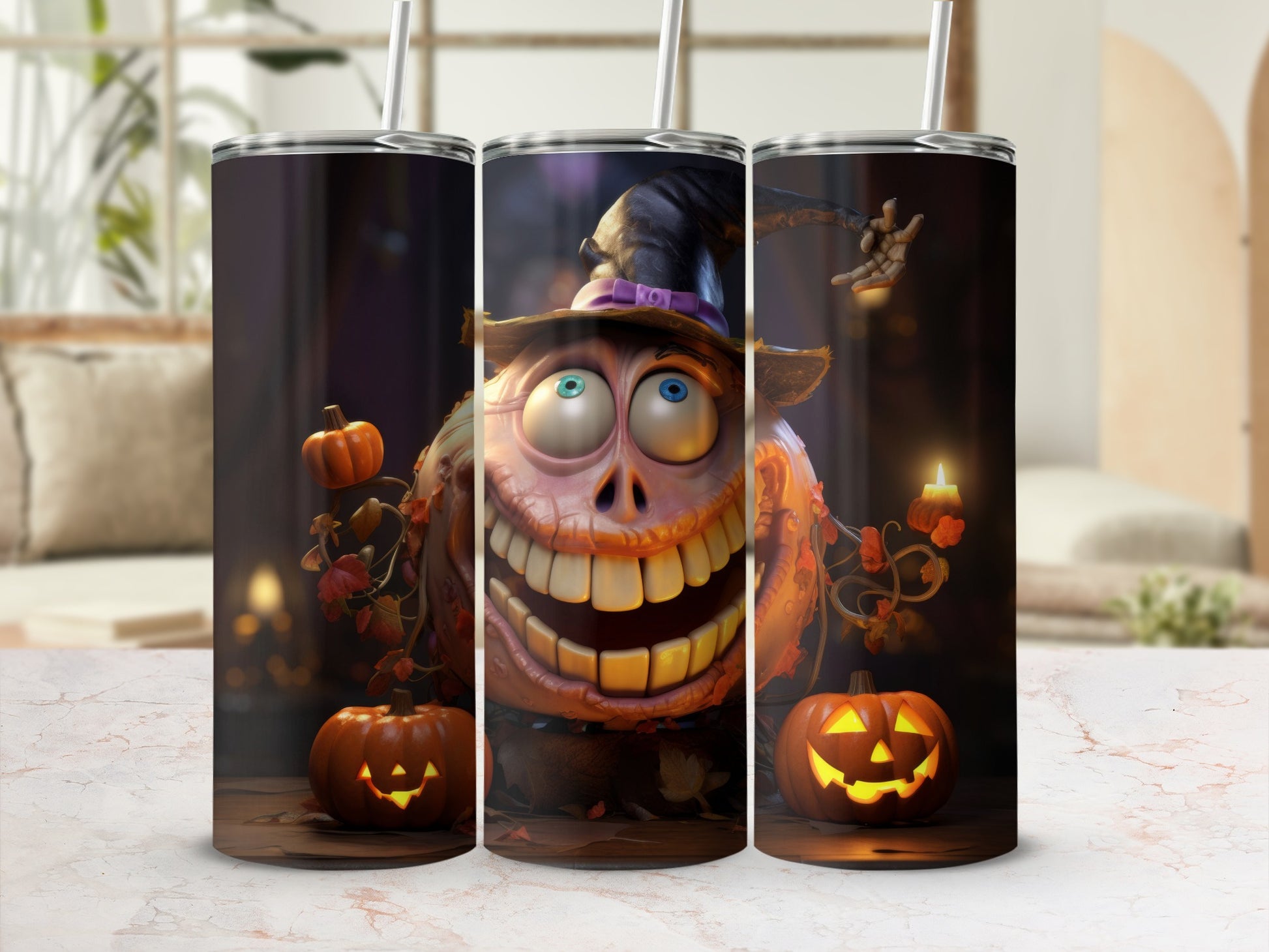 Halloween tumbler with cartoon monster face, witch hat, and jack-o'-lanterns.