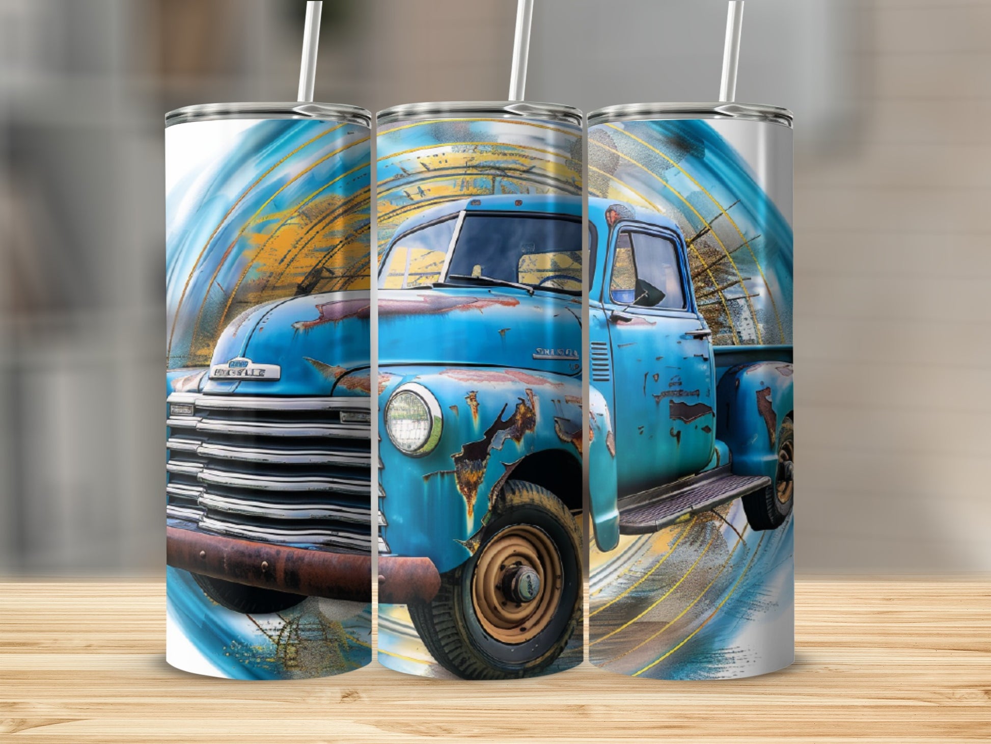 Blue vintage truck on three tumblers with abstract gold and blue background.