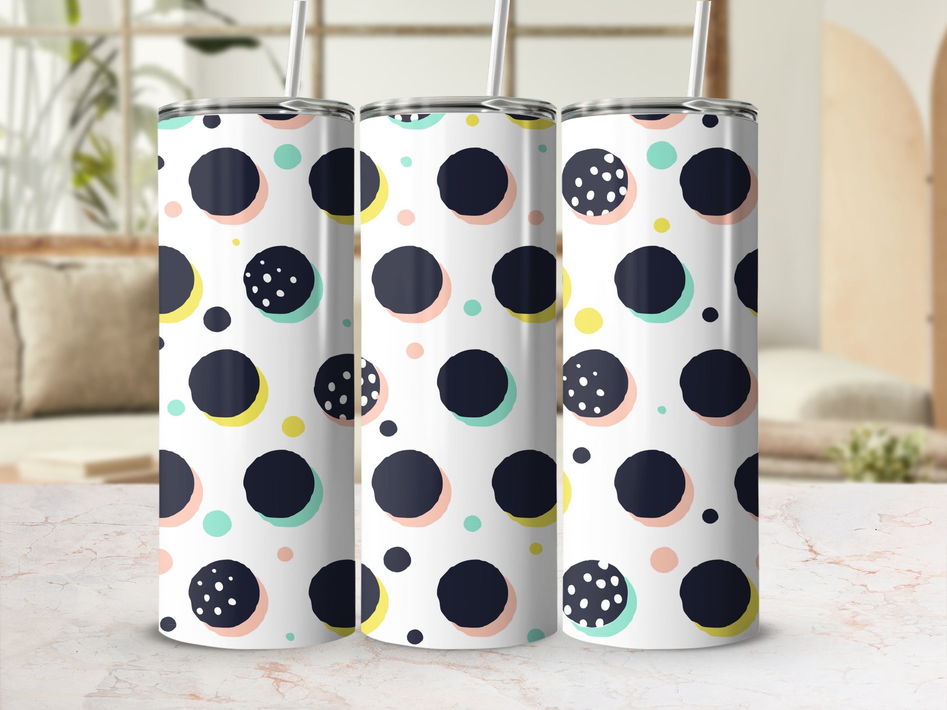 Colorful Polka Dot Pattern Insulated Tumbler With Straw
