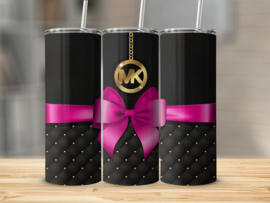 Black and Pink Tumbler with Gold MK Logo and Bow Design