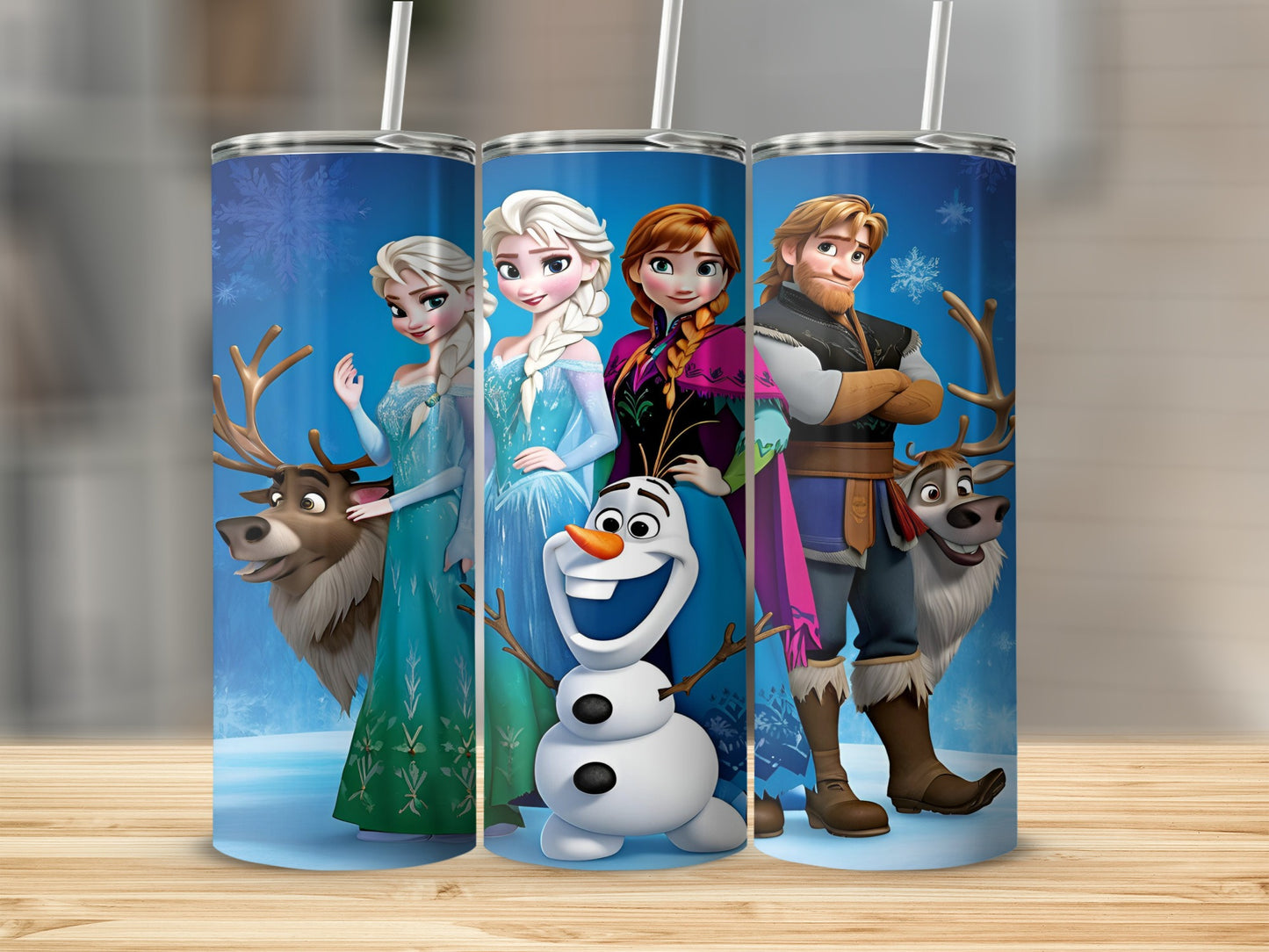 Elsa, Anna, Olaf, and Kristoff from Frozen standing together on a blue icy background.