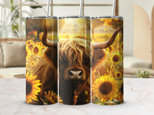 Highland cow with sunflowers on a white marble background.