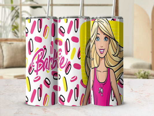 Barbie tumbler with pink and yellow oval pattern and Barbie's face.