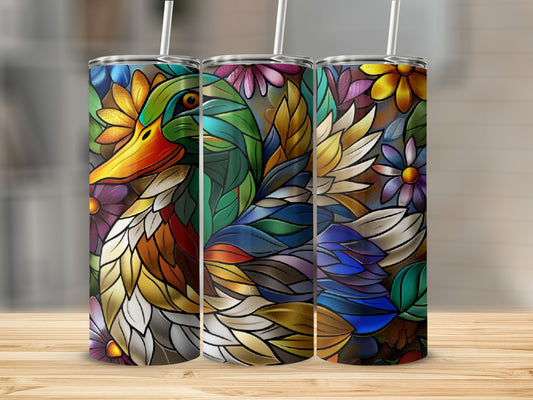 Three colorful tumblers featuring a stained-glass style duck amidst floral designs.