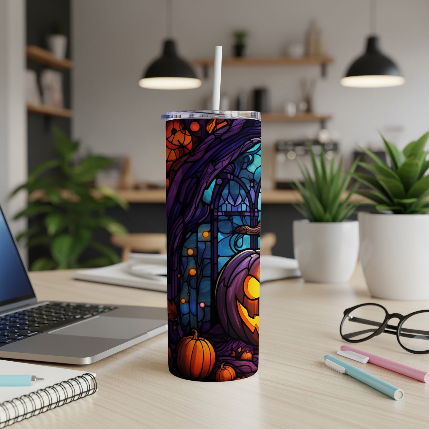 Halloween tumbler with pumpkin, jack-o'-lantern, and stained-glass design.