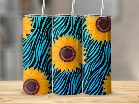 Three tumblers with sunflowers and blue and black zebra stripes.