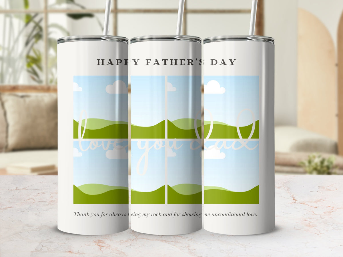 Happy Father's Day tumbler with landscape and text.