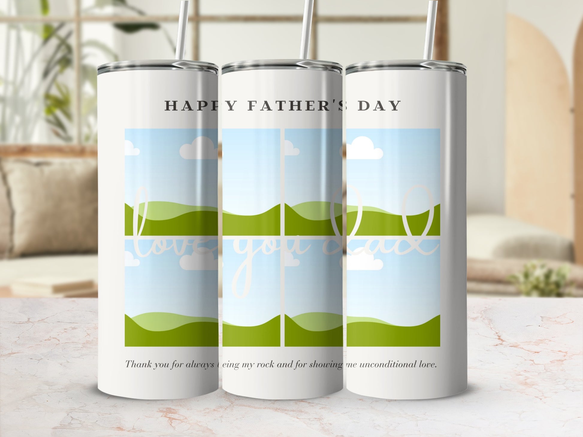 Happy Father's Day tumbler with landscape and text.