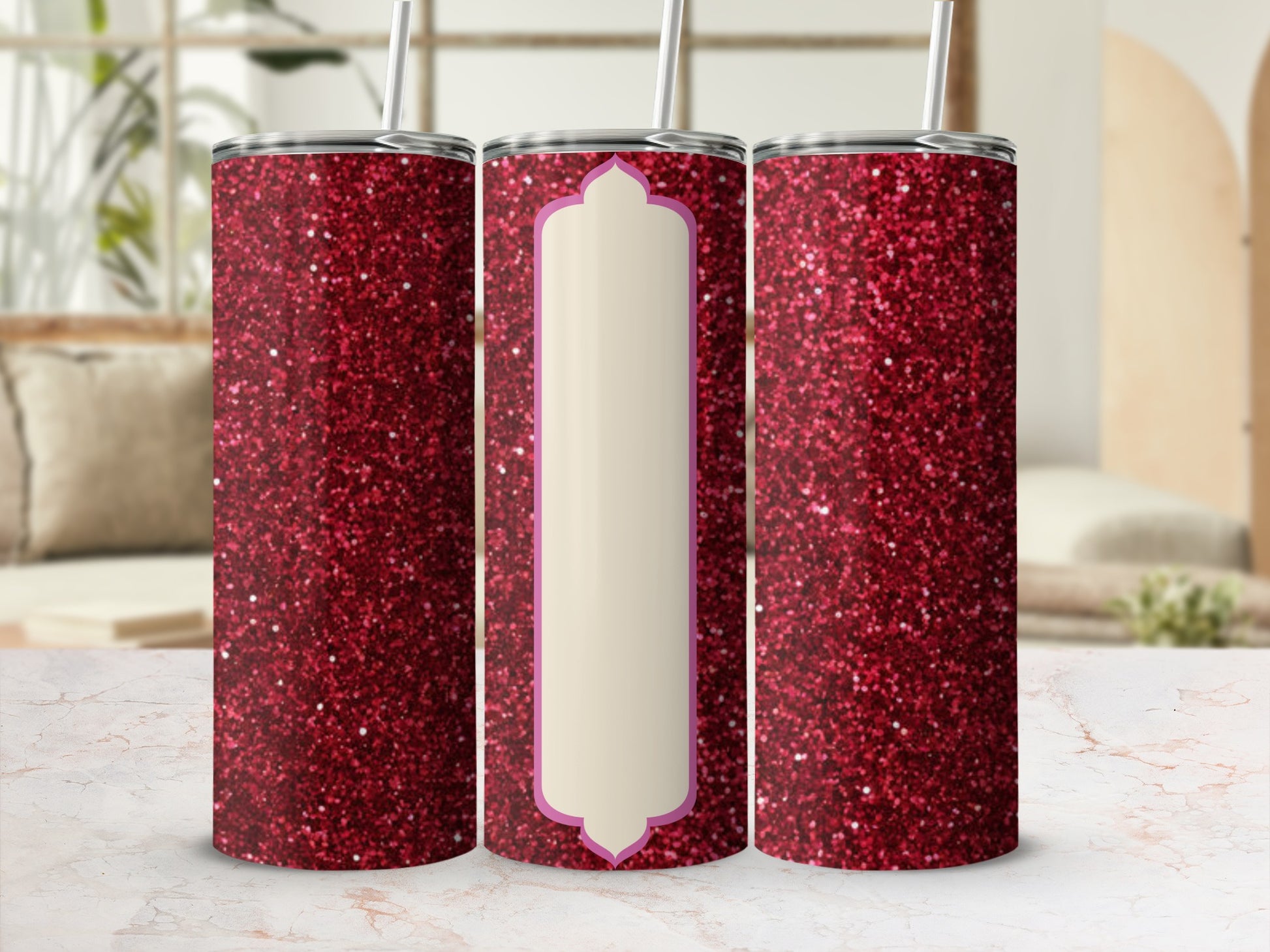 Red glitter tumbler with a blank oval label in the center.