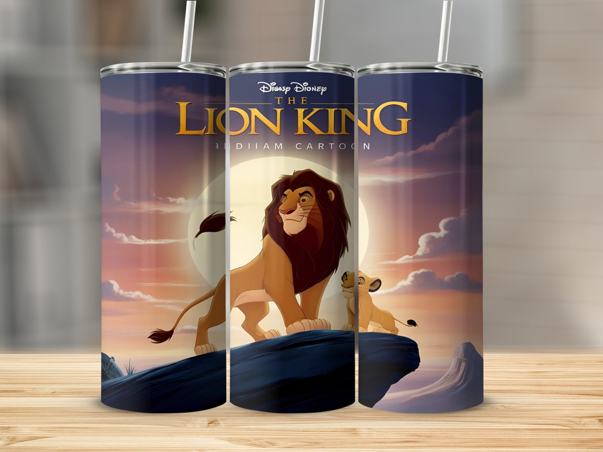 The Lion King characters Simba and Mufasa on Pride Rock with Disney logo.