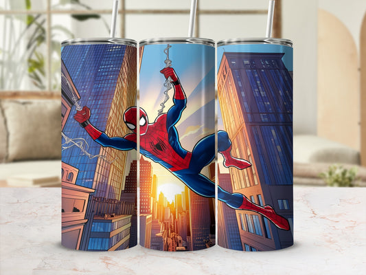 Spiderman swinging through a city at sunset on a tumbler.