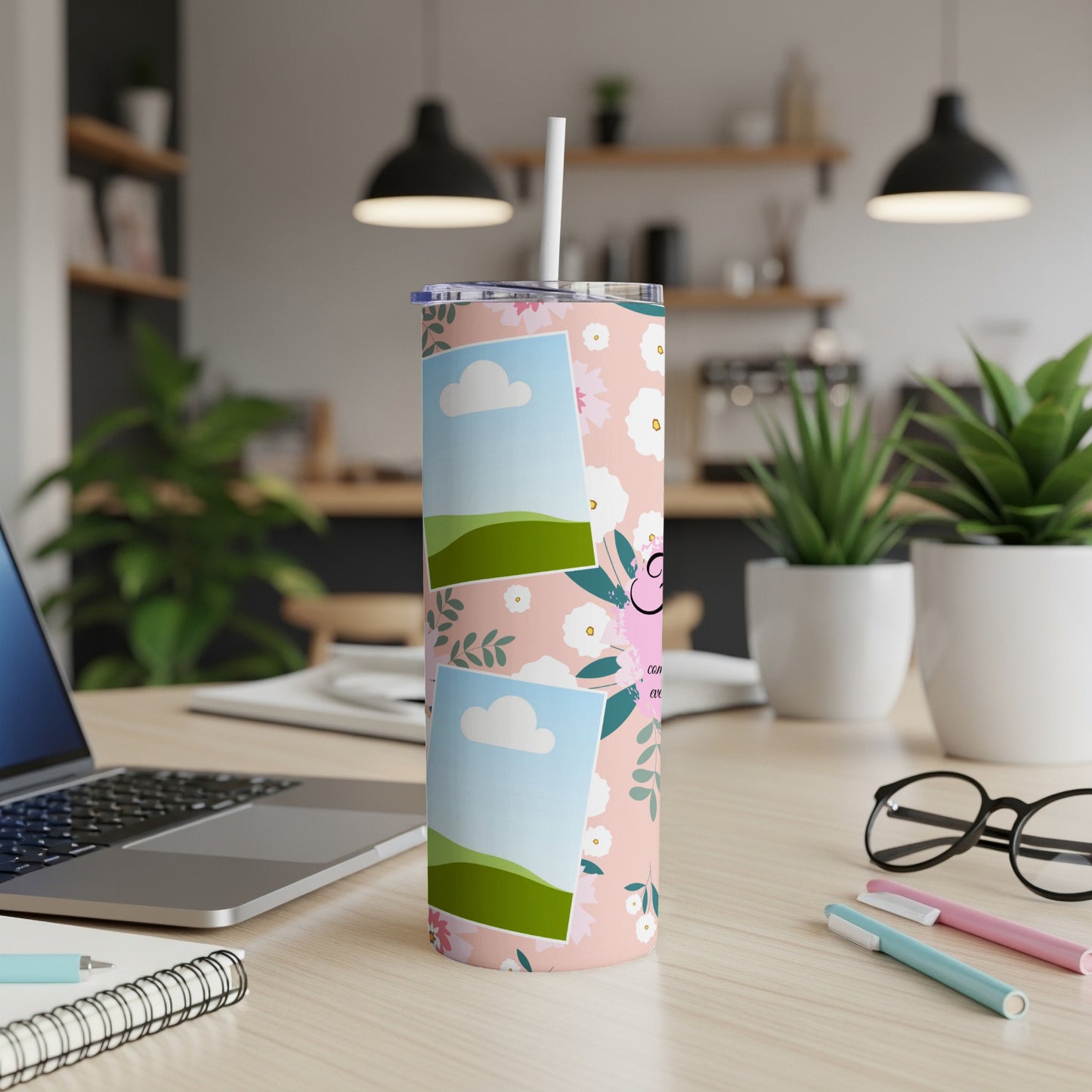 Pink floral tumbler with two photo frames, white straw, and text.