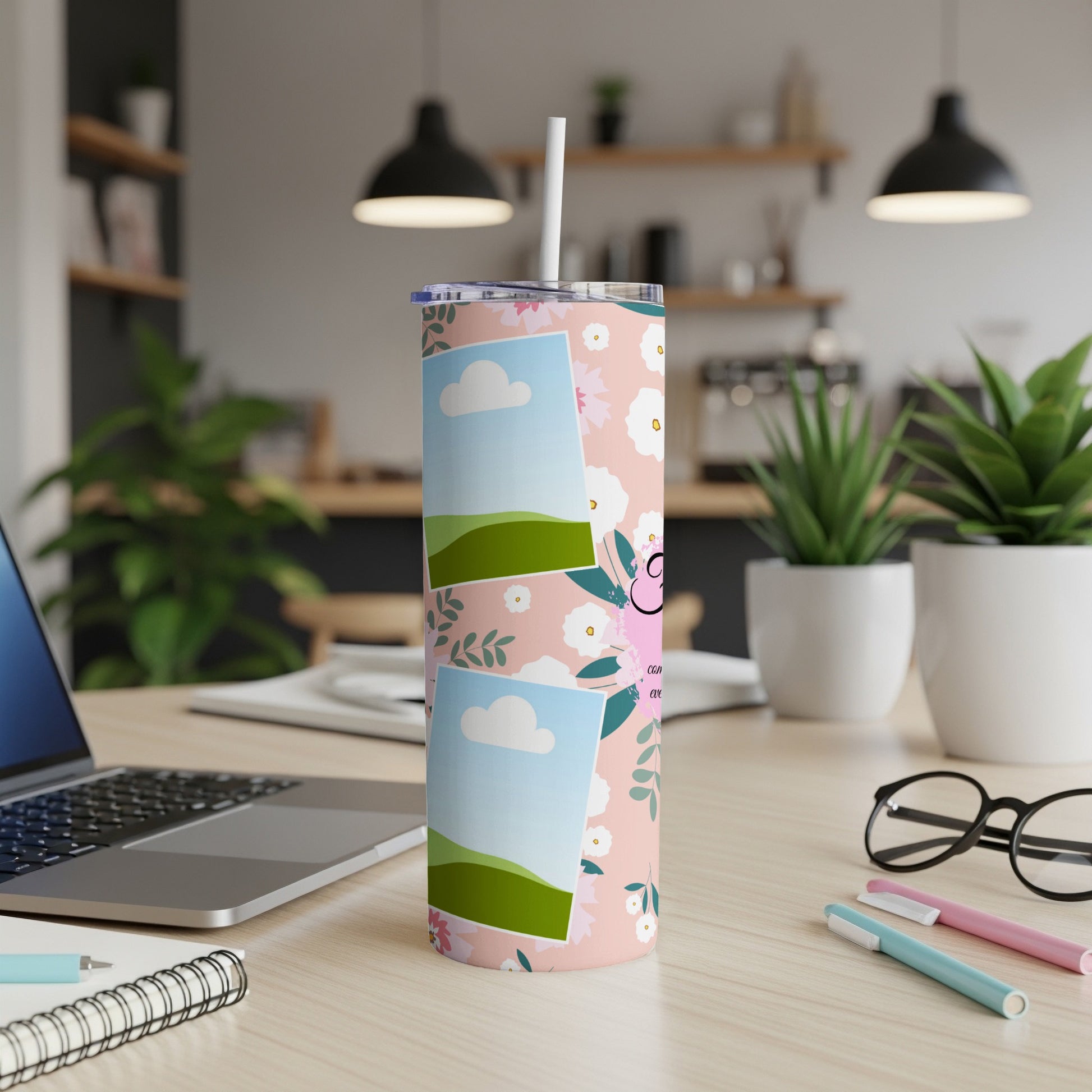 Pink floral tumbler with two photo frames, white straw, and text.