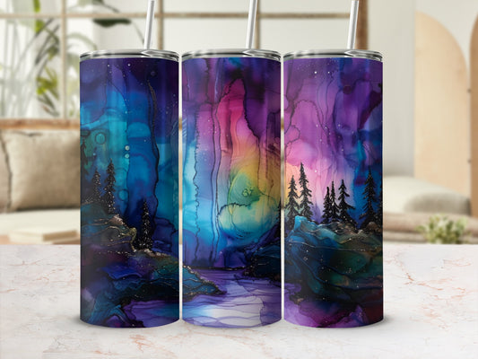Three tumblers with a colorful, abstract watercolor landscape design.