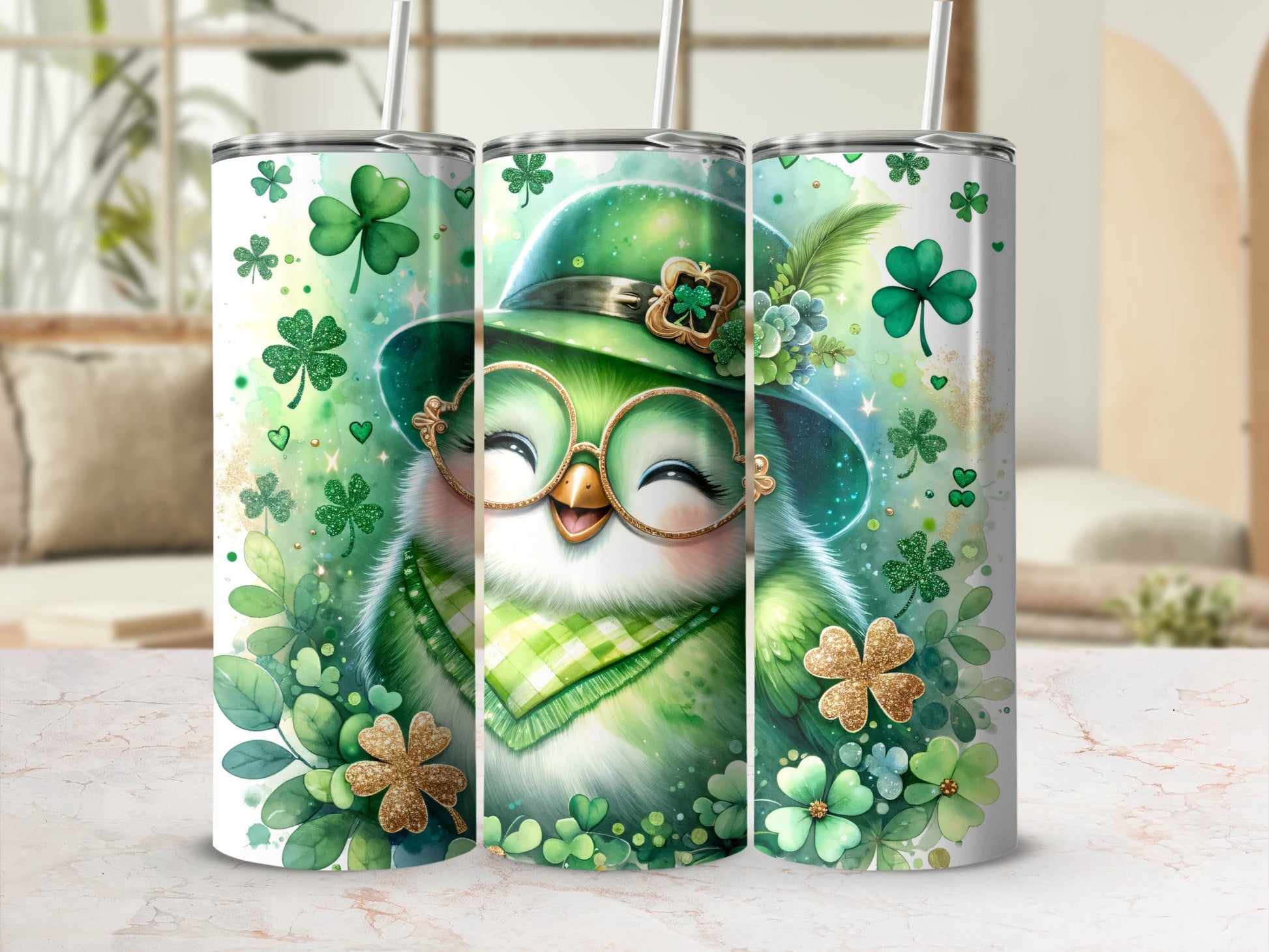 Green cartoon bird in hat and glasses with shamrocks on a tumbler.