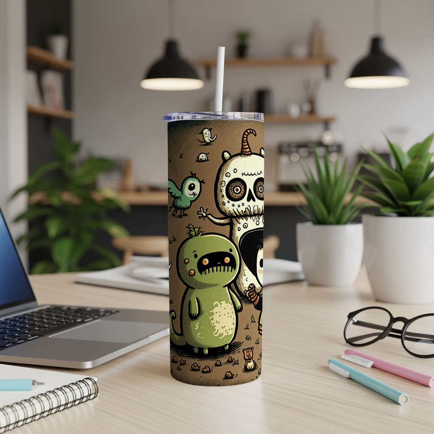 Brown tumbler with cartoon monsters and ghosts, with straw inserted, on a desk.