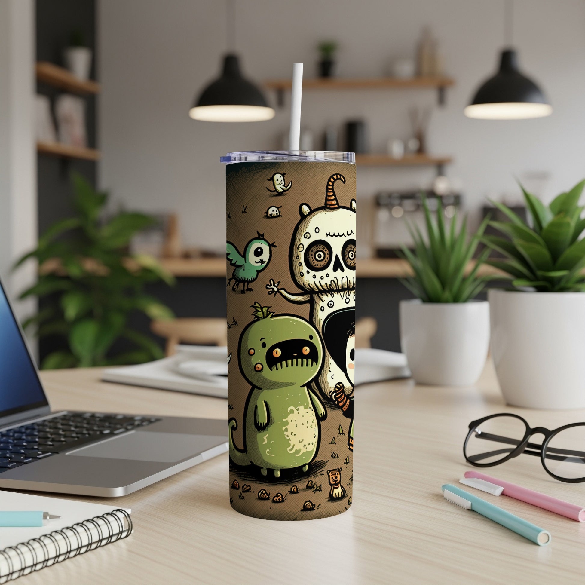 Brown tumbler with cartoon monsters and ghosts, with straw inserted, on a desk.