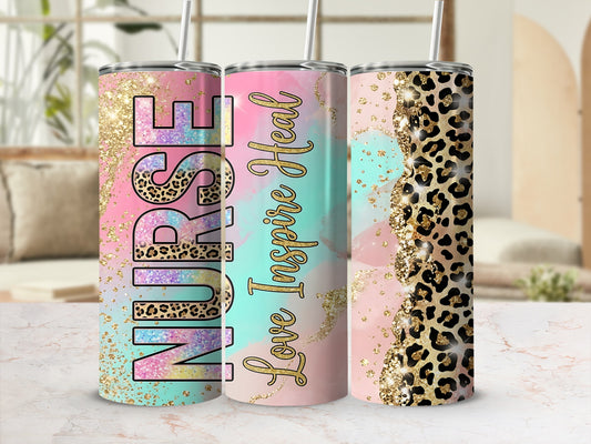 Three tumblers with nurse, love inspire heal text and leopard print accents.