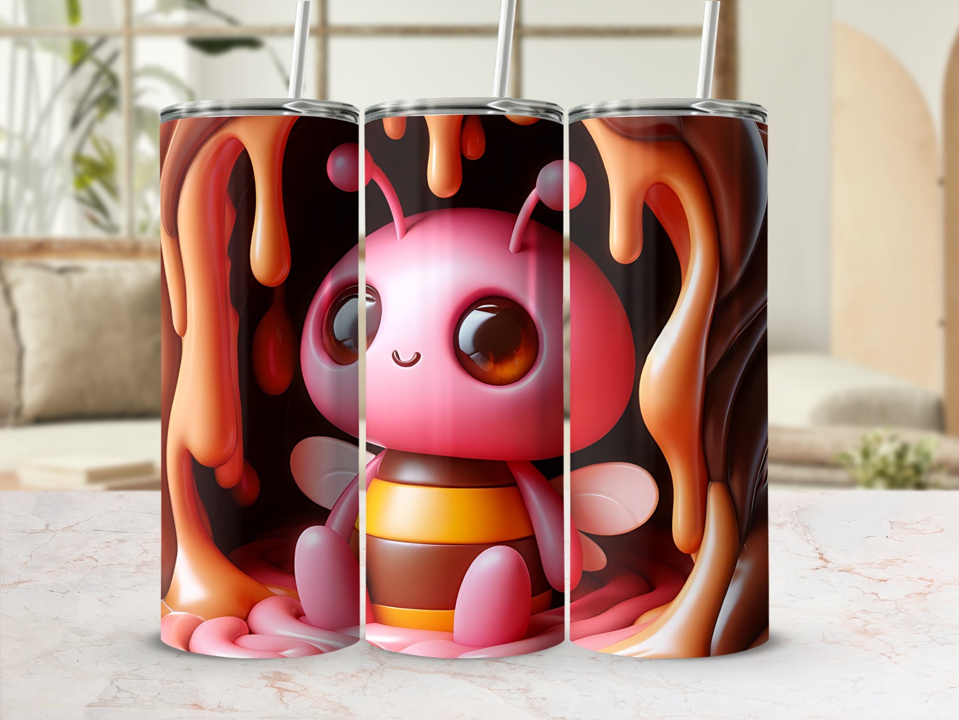 Adorable Pink and Brown Bee with Honey Tumbler Cup