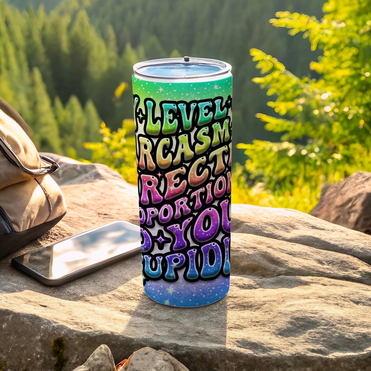 Level Sarcasm Direct Proportion You Stupid tumbler
Tumbler, Sarcasm, Funny quote, Insulated, Travel, Gift, Humor, Bold text, Rainbow, Gradient, Stars, Unique, Drinkware, Outdoor, Drink container, Coffee, Water, Personality, Graffiti, Quirky