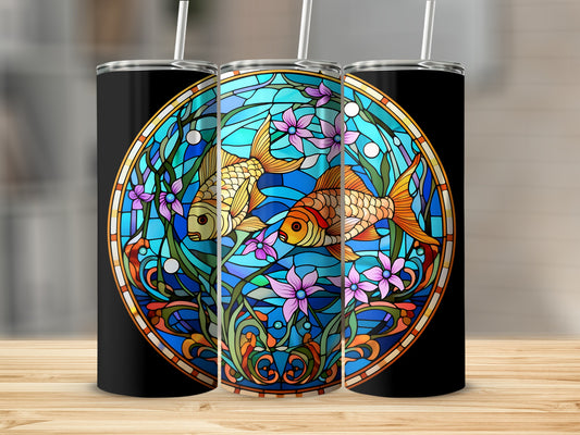 Stained glass design with two goldfish and flowers on a black tumbler.