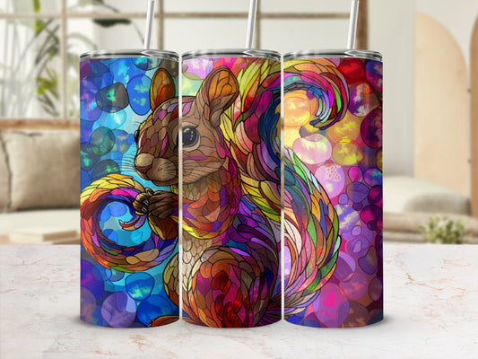 Colorful stained-glass style squirrel illustration on three tumblers.
