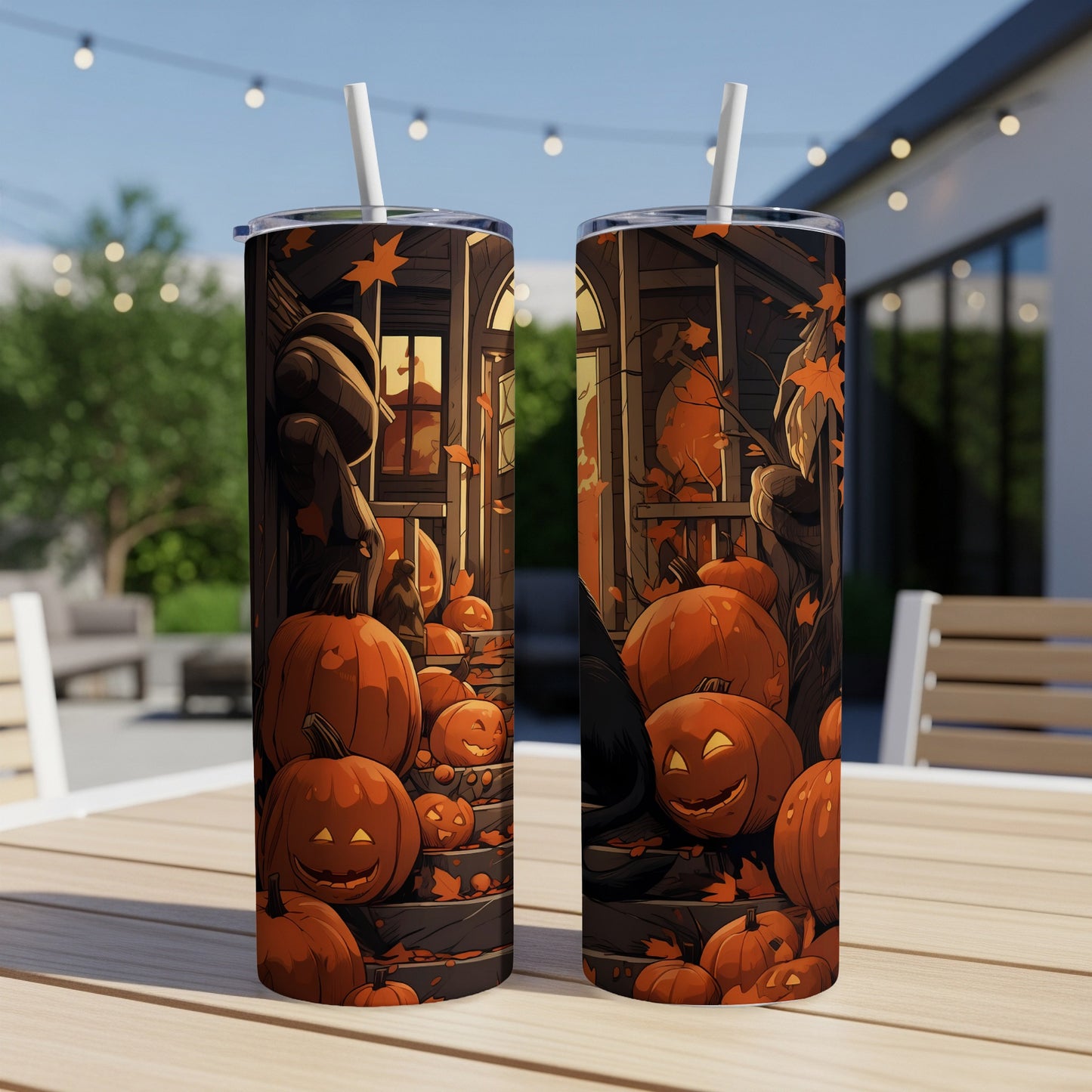 Two tumblers with Halloween pumpkin and leaf artwork are shown outdoors on a wooden table.
