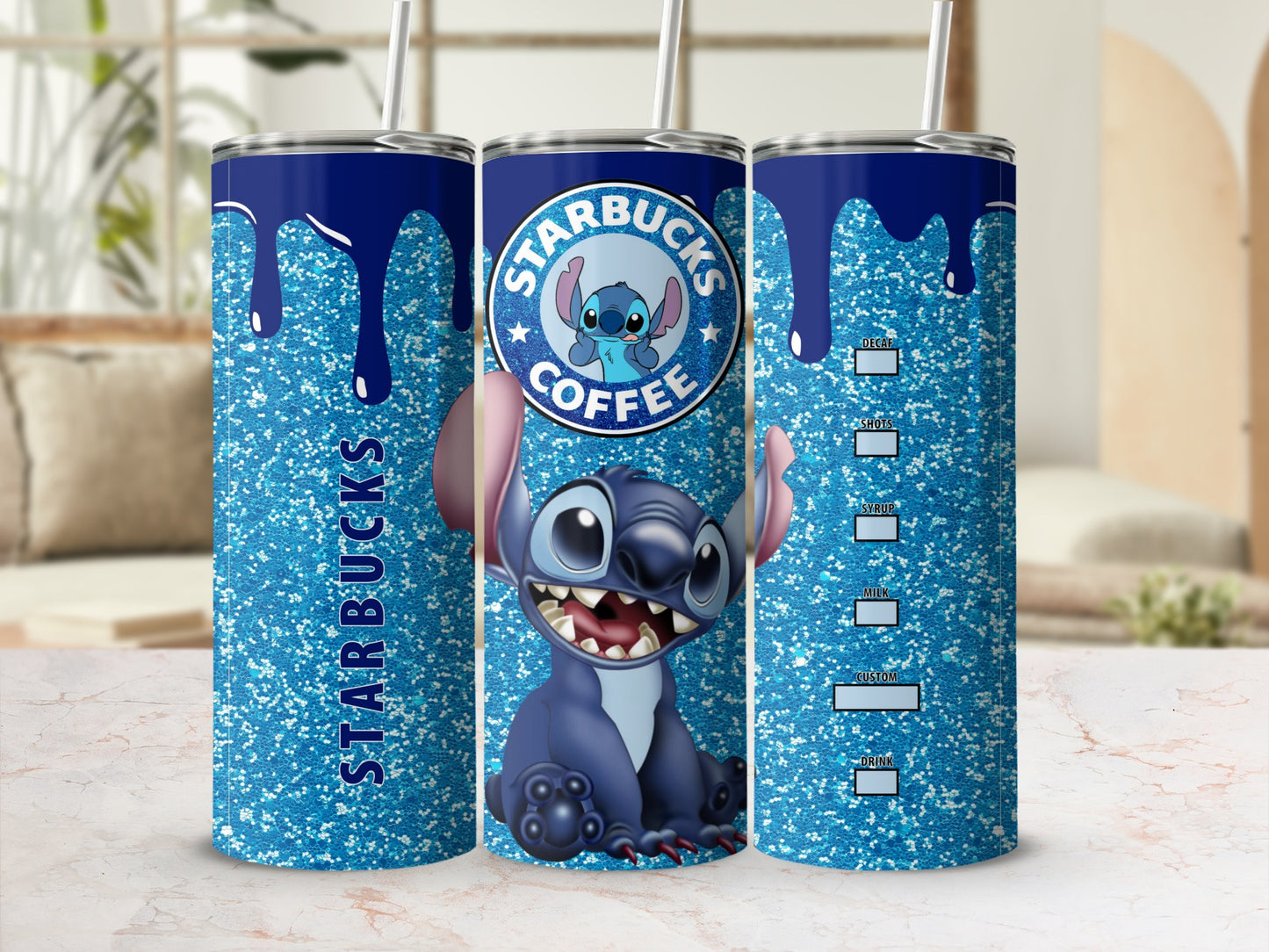 Starbucks Stitch Blue Sparkle Design Tumbler Cup