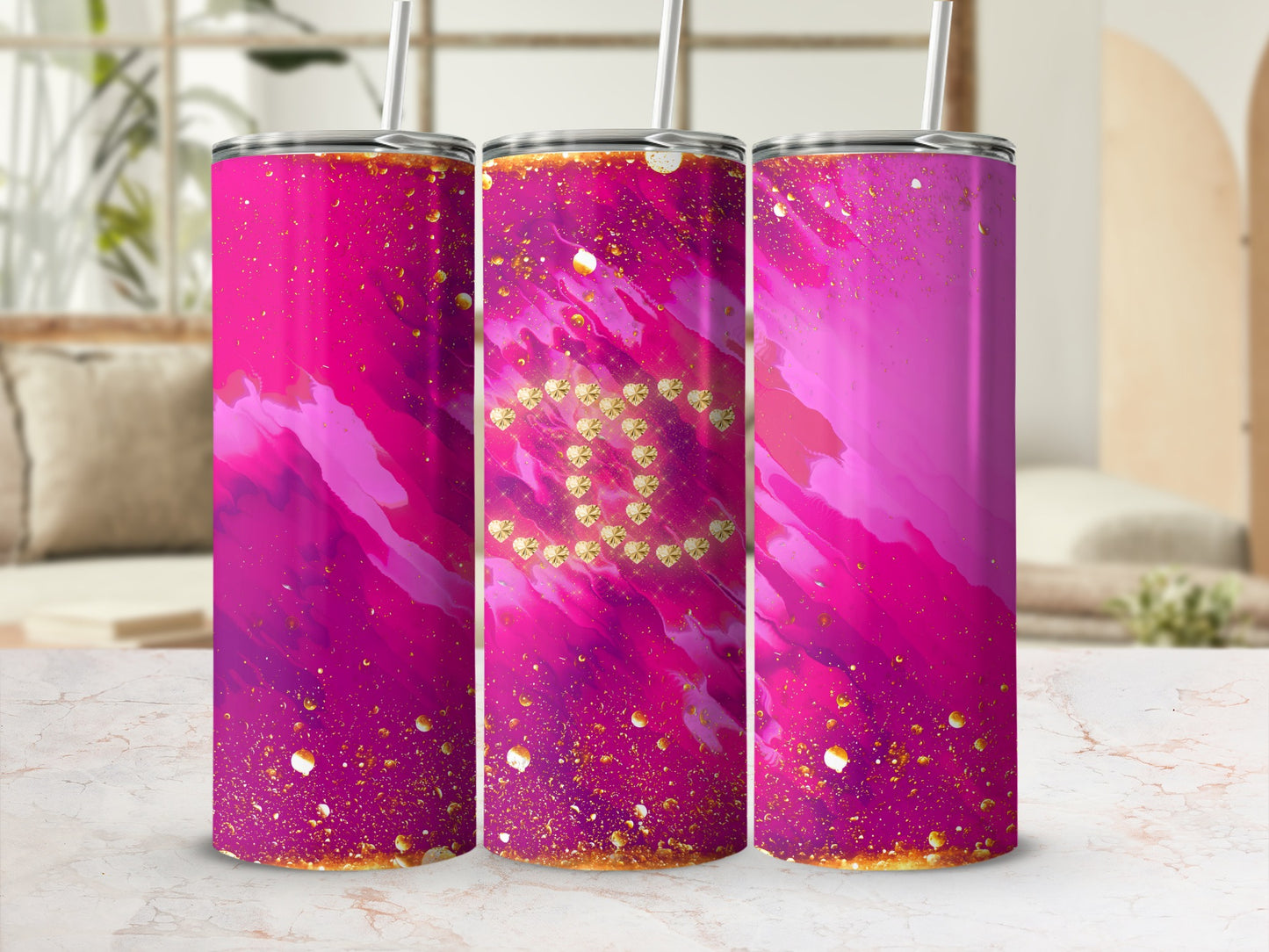 Glittery Pink Galaxy Tumbler with Straw Seamless Design
