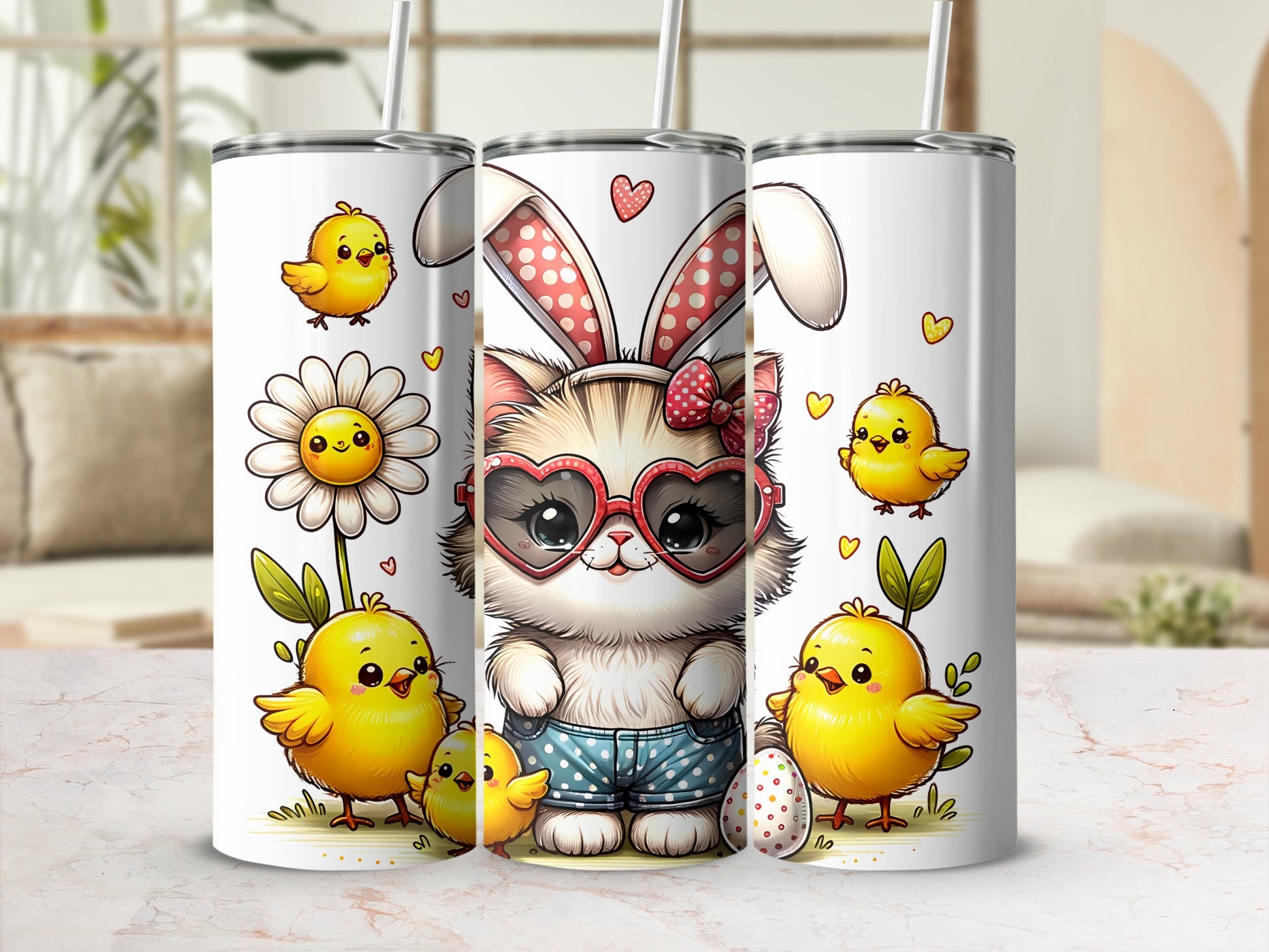Easter-themed tumbler with a cat in bunny ears and chicks.
