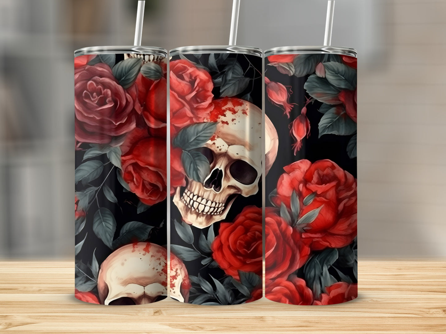 Skulls and deep red roses pattern on a tumbler.